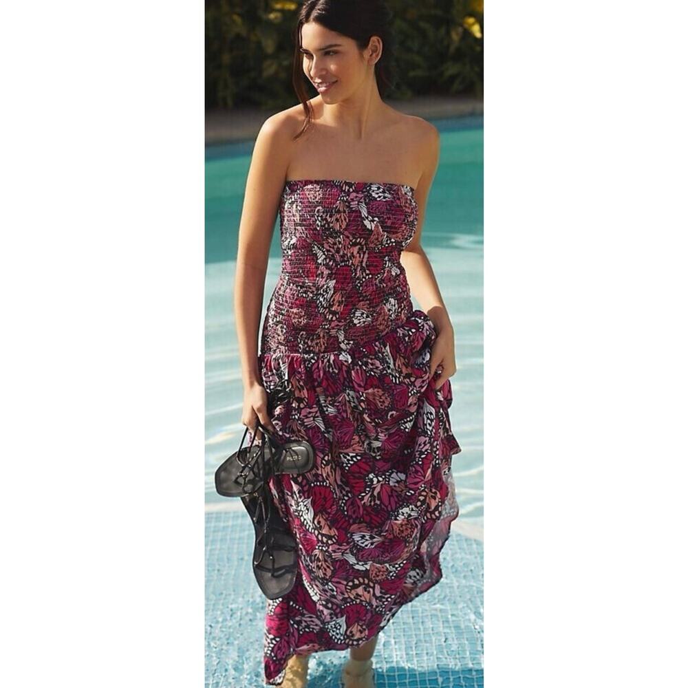 L*Space Lila Strapless Maxi Dress Wings N Things Pink Butterfly Print Small NWT - Picture 5 of 13